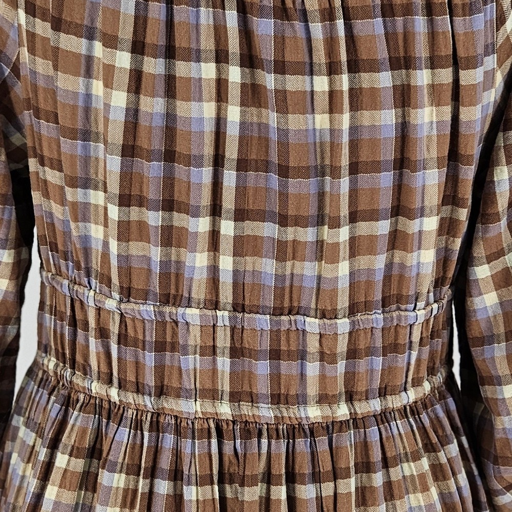 Madewell Brown Plaid Smocked Waist Midi Dress Puff Sleeve Cotton Blend Medium - Picture 9 of 11